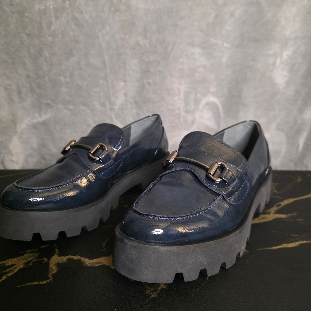 Franco Sarto Bergamot Navy Blue Patent Chunky Lug Sole Bit Loafers Womens 9 M 9M